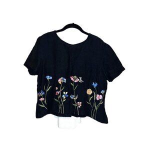 Vintage HALMODE PETITE Top Blouse Black Floral Embroidery Garden Linen Sz 14P